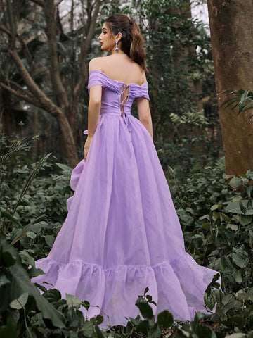 Faeriesty Off Shoulder Ruffle Trim Mesh Prom Dress