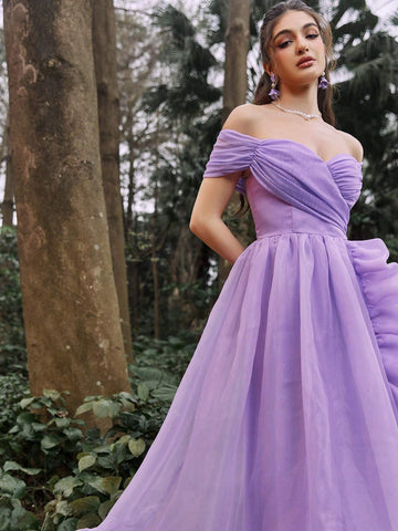 Faeriesty Off Shoulder Ruffle Trim Mesh Prom Dress