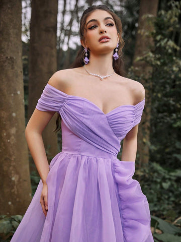 Faeriesty Off Shoulder Ruffle Trim Mesh Prom Dress