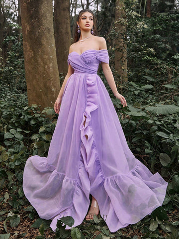 Faeriesty Off Shoulder Ruffle Trim Mesh Prom Dress