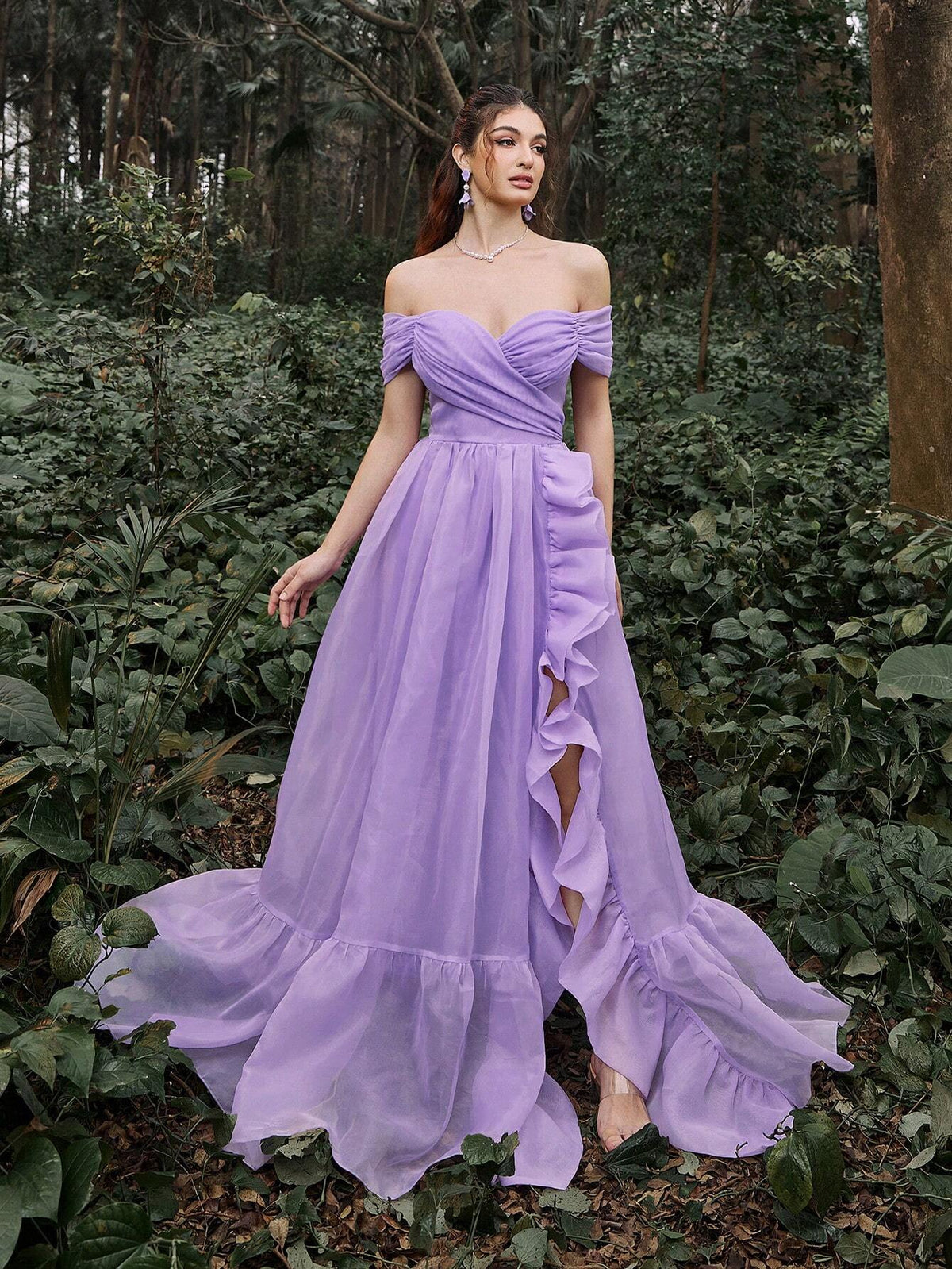 Faeriesty Off Shoulder Ruffle Trim Mesh Prom Dress