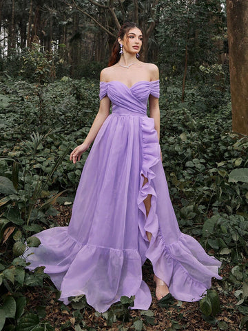 Faeriesty Off Shoulder Ruffle Trim Mesh Prom Dress