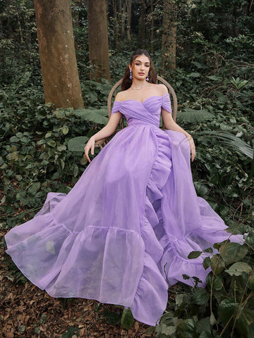 Faeriesty Off Shoulder Ruffle Trim Mesh Prom Dress