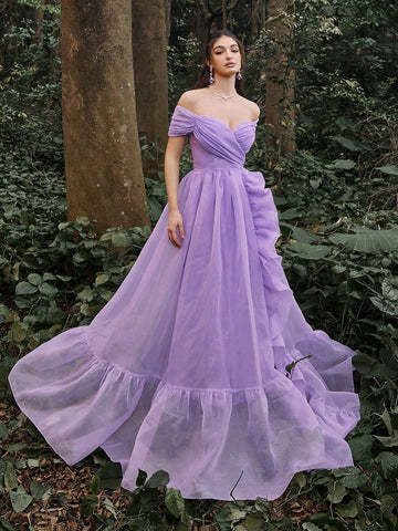 Faeriesty Off Shoulder Ruffle Trim Mesh Prom Dress