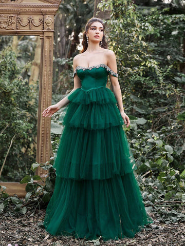 Faeriesty Off Shoulder Satin Bodice Cascading Mesh Hem Formal Dress