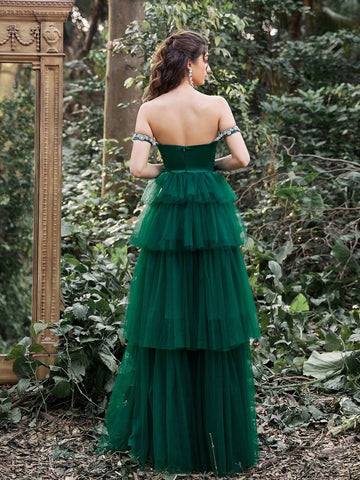 Faeriesty Off Shoulder Satin Bodice Cascading Mesh Hem Formal Dress