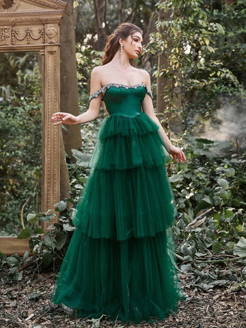 Faeriesty Off Shoulder Satin Bodice Cascading Mesh Hem Formal Dress