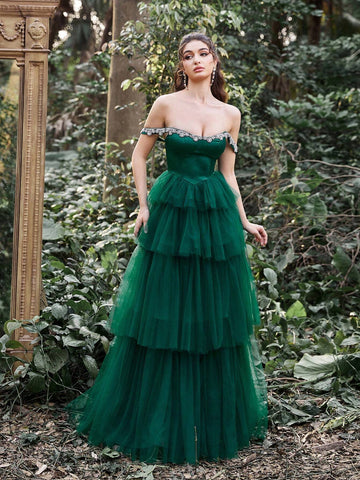 Faeriesty Off Shoulder Satin Bodice Cascading Mesh Hem Formal Dress