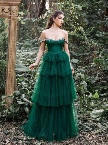 Faeriesty Off Shoulder Satin Bodice Cascading Mesh Hem Formal Dress