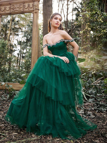 Faeriesty Off Shoulder Satin Bodice Cascading Mesh Hem Formal Dress