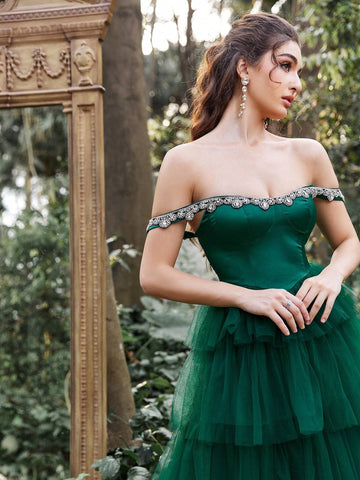 Faeriesty Off Shoulder Satin Bodice Cascading Mesh Hem Formal Dress