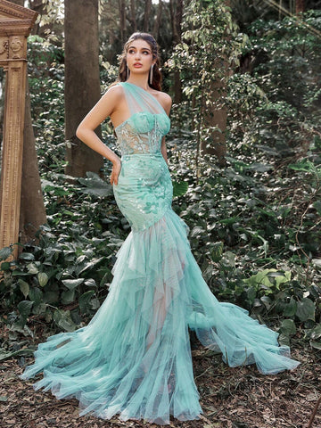 Faeriesty One Shoulder Mesh Overlay Mermaid Hem Formal Dress