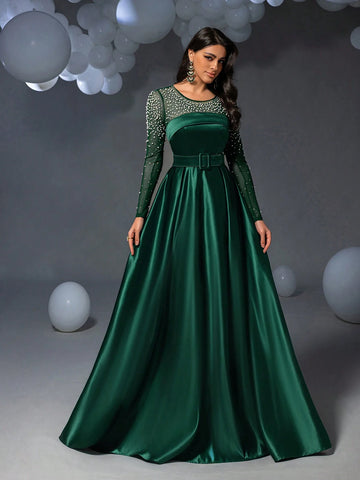 Faeriesty Pearl Embellished Satin Formal Evening Dress