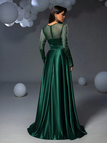 Faeriesty Pearl Embellished Satin Formal Evening Dress