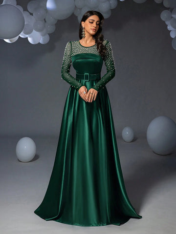 Faeriesty Pearl Embellished Satin Formal Evening Dress