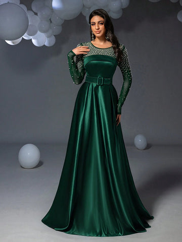 Faeriesty Pearl Embellished Satin Formal Evening Dress