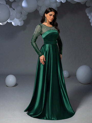 Faeriesty Pearl Embellished Satin Formal Evening Dress