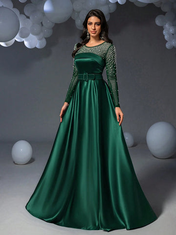 Faeriesty Pearl Embellished Satin Formal Evening Dress