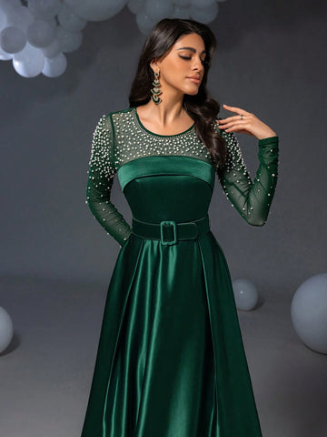 Faeriesty Pearl Embellished Satin Formal Evening Dress