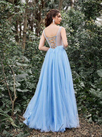 Faeriesty Plunging Neck Sheer Mesh Bodice Prom Dress