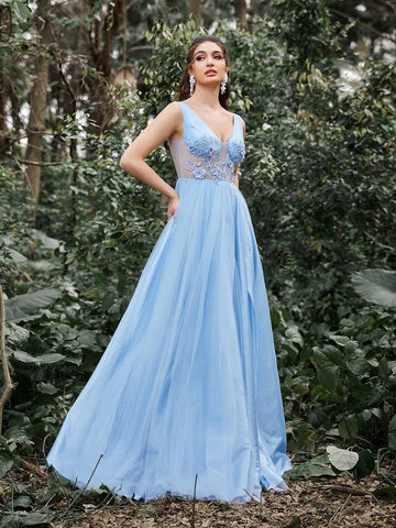 Faeriesty Plunging Neck Sheer Mesh Bodice Prom Dress