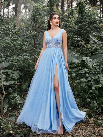Faeriesty Plunging Neck Sheer Mesh Bodice Prom Dress