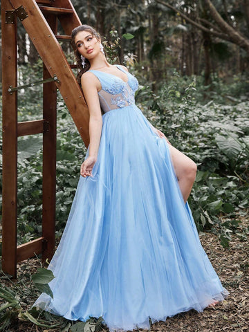 Faeriesty Plunging Neck Sheer Mesh Bodice Prom Dress