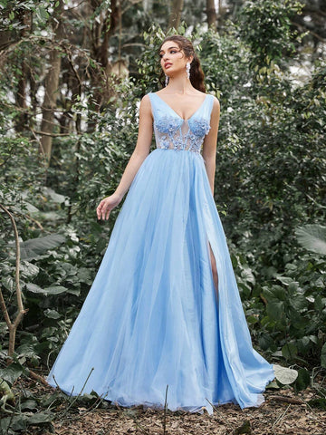 Faeriesty Plunging Neck Sheer Mesh Bodice Prom Dress