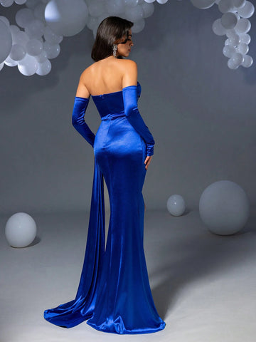 Faeriesty Rhinestone Detail Split Thigh Satin Formal Tube Dress