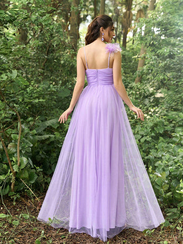 Faeriesty Ruched Front Mesh Overlay Cami Dress