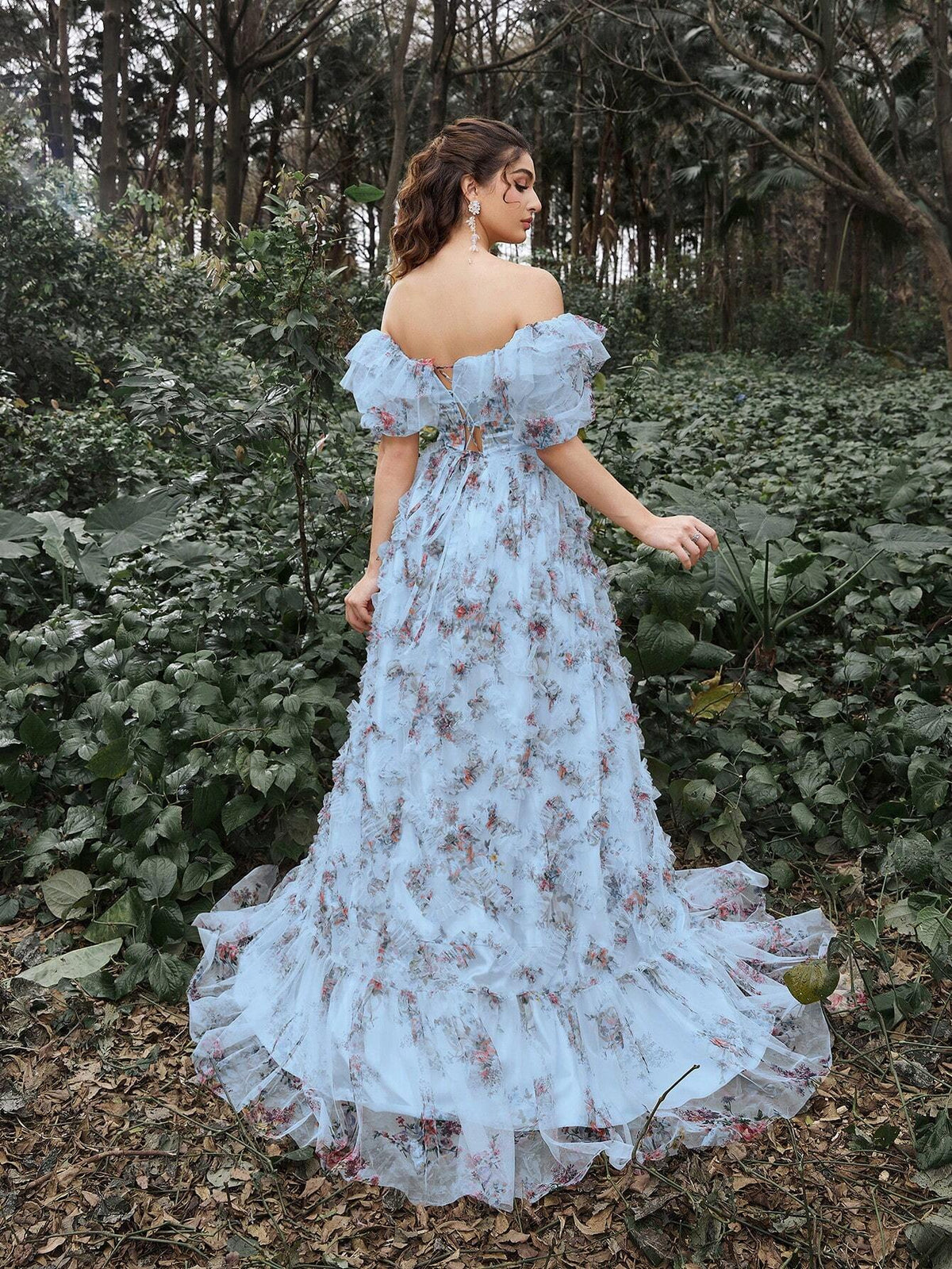 Faeriesty Ruffle Trim Floral Printed Mesh Party Dress