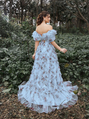 Faeriesty Ruffle Trim Floral Printed Mesh Party Dress