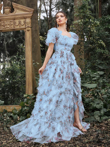 Faeriesty Ruffle Trim Floral Printed Mesh Party Dress