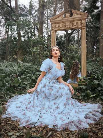 Faeriesty Ruffle Trim Floral Printed Mesh Party Dress