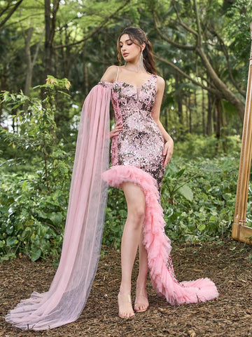 Faeriesty Sequin Asymmetrical Neck High Low Hem Party Dress