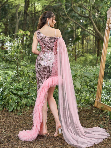 Faeriesty Sequin Asymmetrical Neck High Low Hem Party Dress