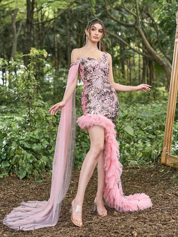 Faeriesty Sequin Asymmetrical Neck High Low Hem Party Dress