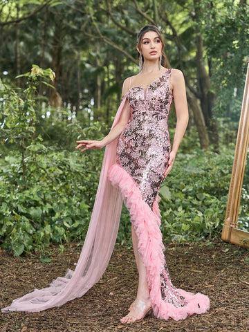 Faeriesty Sequin Asymmetrical Neck High Low Hem Party Dress