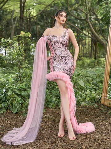 Faeriesty Sequin Asymmetrical Neck High Low Hem Party Dress