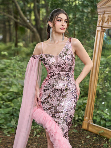 Faeriesty Sequin Asymmetrical Neck High Low Hem Party Dress