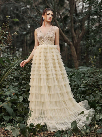 Faeriesty Sequin Bodice Contras Mesh Overlay Cake Dress