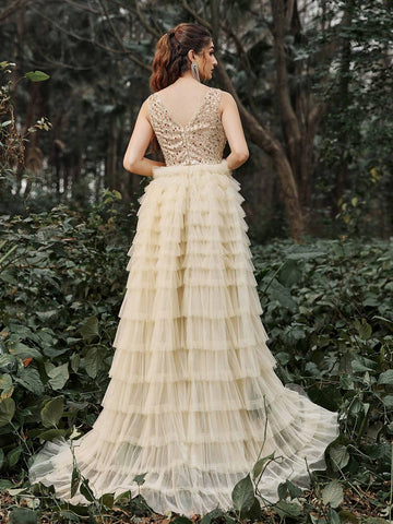 Faeriesty Sequin Bodice Contras Mesh Overlay Cake Dress