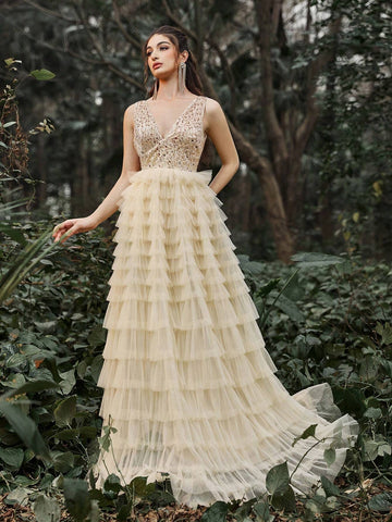 Faeriesty Sequin Bodice Contras Mesh Overlay Cake Dress