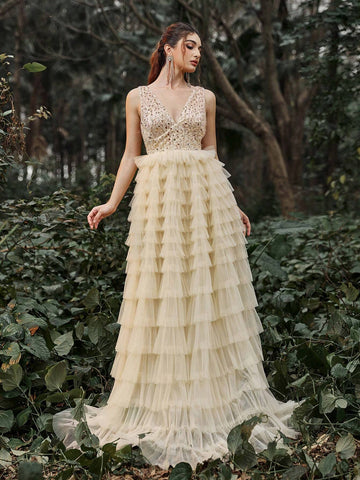 Faeriesty Sequin Bodice Contras Mesh Overlay Cake Dress