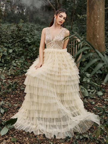 Faeriesty Sequin Bodice Contras Mesh Overlay Cake Dress