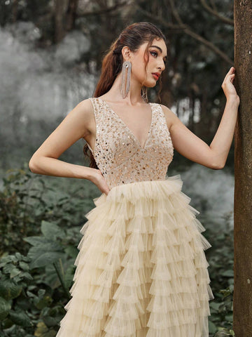 Faeriesty Sequin Bodice Contras Mesh Overlay Cake Dress