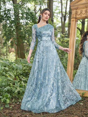 Faeriesty Sequin Diagonal Neckline 3/4 Sleeves Formal Dress