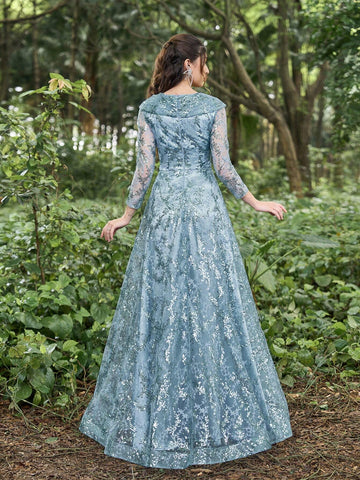 Faeriesty Sequin Diagonal Neckline 3/4 Sleeves Formal Dress