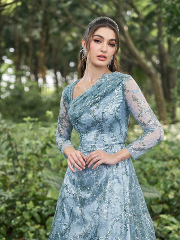 Faeriesty Sequin Diagonal Neckline 3/4 Sleeves Formal Dress