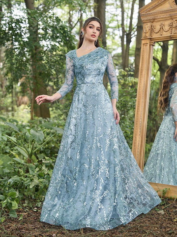 Faeriesty Sequin Diagonal Neckline 3/4 Sleeves Formal Dress